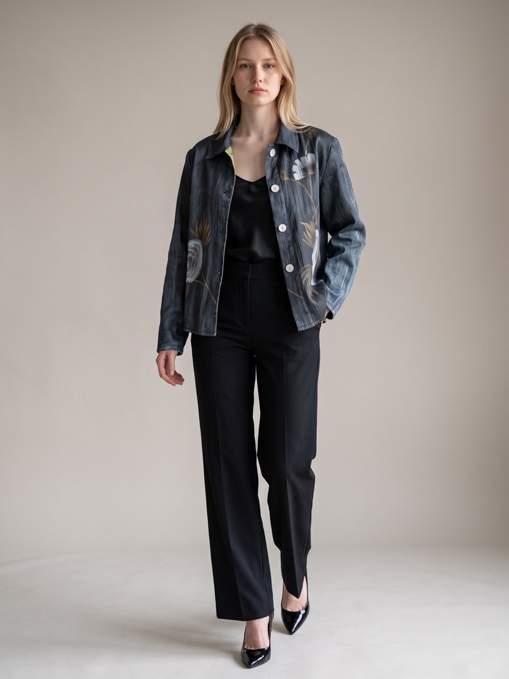Alex Kim Black Floral Button-Front Blazer Jacket